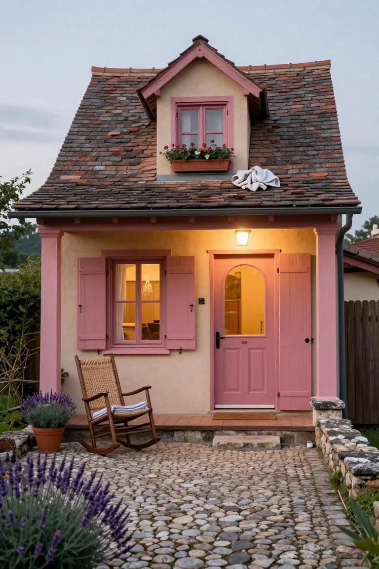 Small pink stucco house with terracotta roof, pink door and shutters, flower box on upper window, rocking chair and potted lavender plants on porch, pebble stone path in front.