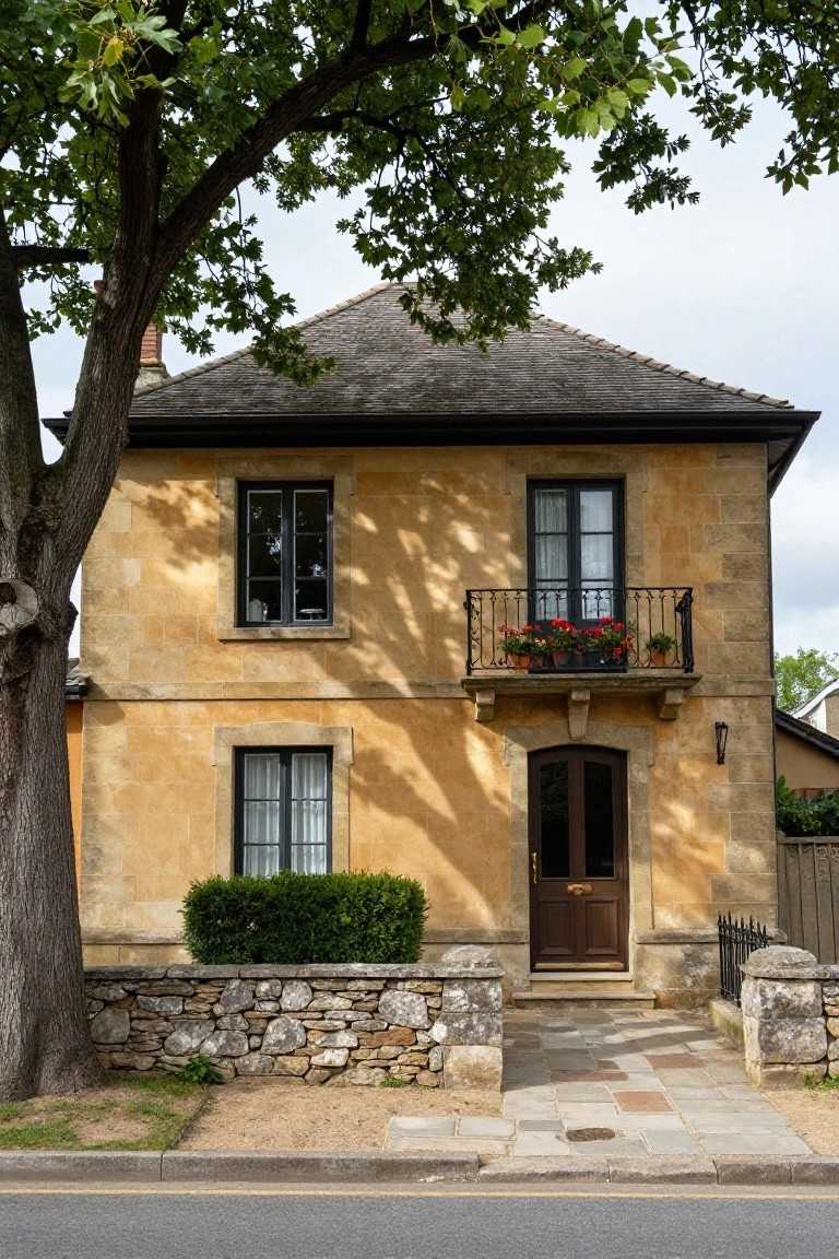 Two-story house with buff stone walls, black-framed windows and doors, wrought-iron balcony with red flower pots, brown wooden entry door, low stone wall, boxwood shrubs, and large tree beside a paved path and street.