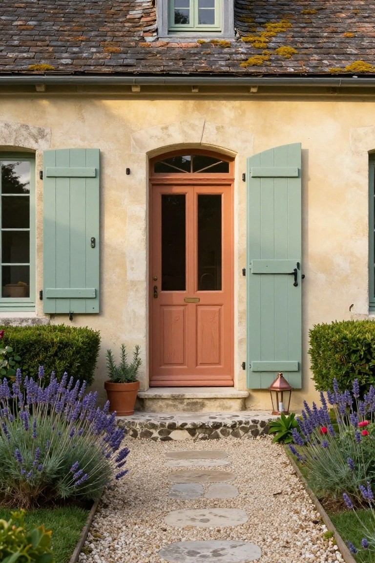 Charming cottage entrance with terracotta door, sage shutters, and lavender-lined gravel path.