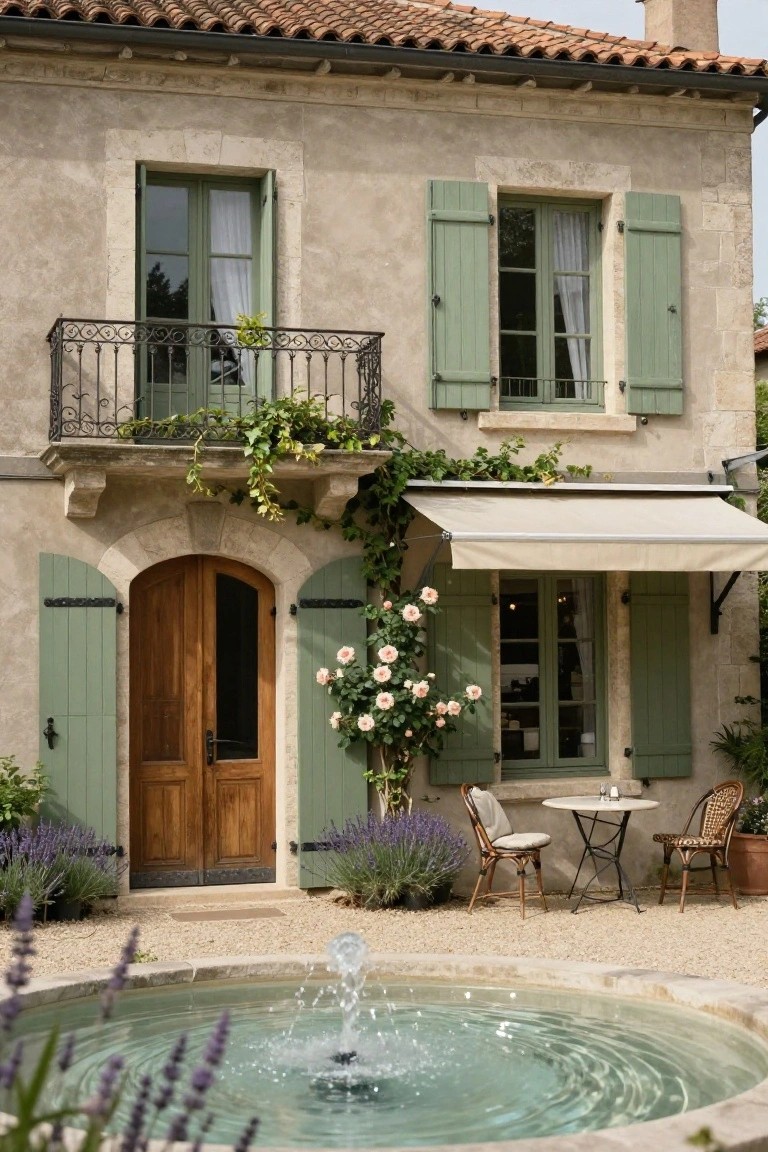 Beige stucco house exterior with sage green shutters, wooden double doors, iron balcony with ivy, beige awning over windows, small gravel courtyard with fountain, table and chairs, lavender plants, and pink rose bush.