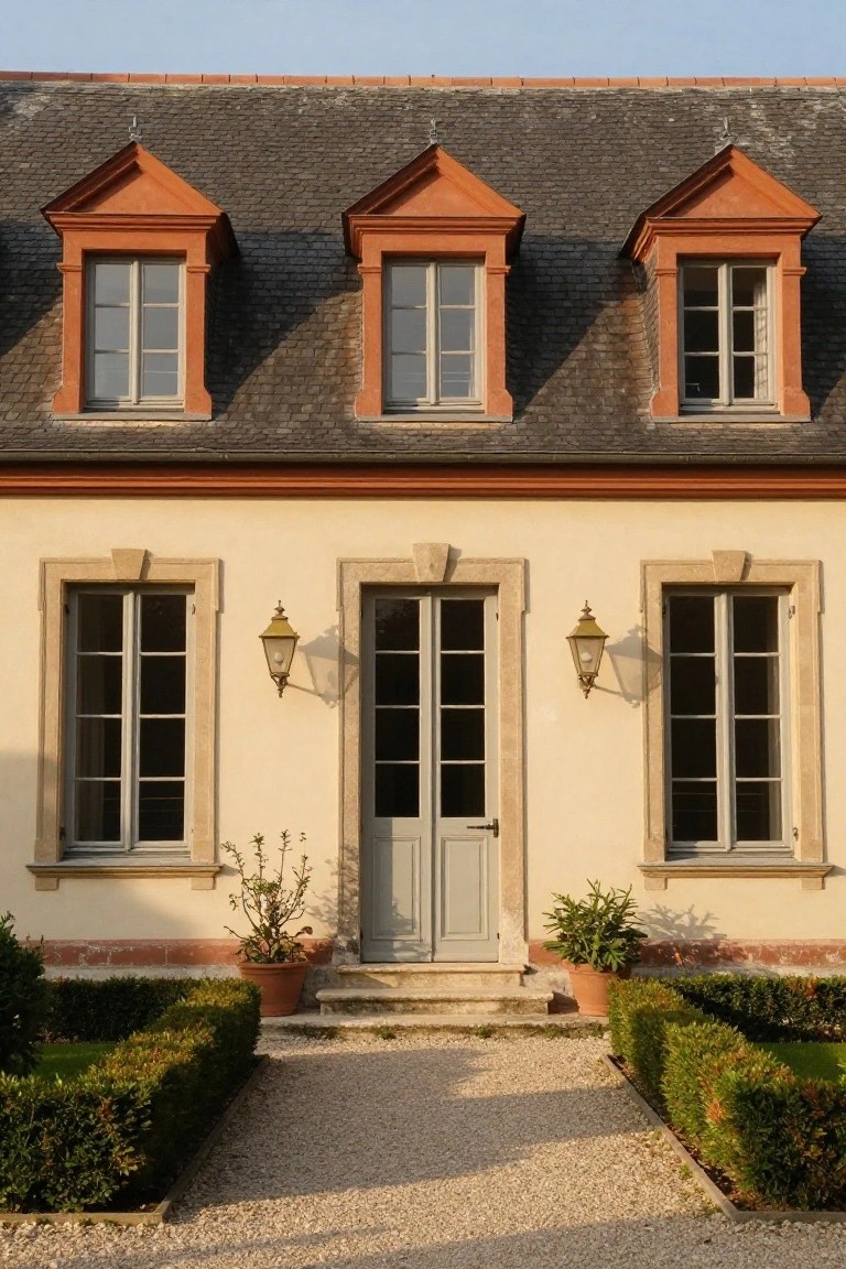 Front facade of a French country house with pale beige walls, three terracotta dormers on a dark slate roof, double gray doors flanked by lanterns, tall windows, potted shrubs, and boxwood hedges along a gravel path.