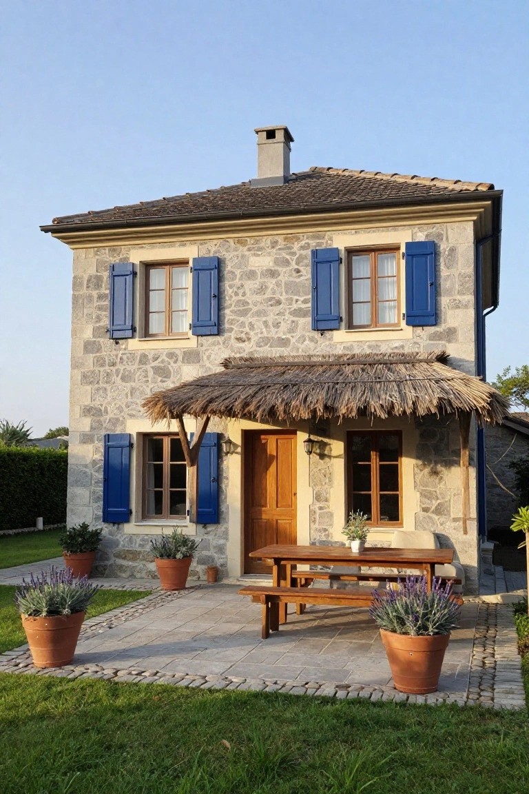 Two-story gray stone house with blue shutters on windows, wooden front door under a thatched overhang, wooden picnic table on paved patio with potted lavender plants, surrounded by grass and hedges.