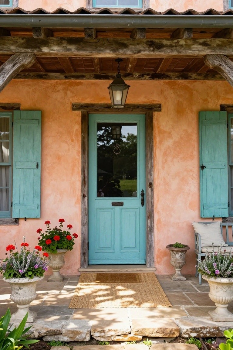 Terracotta stucco house exterior with turquoise front door, matching shutters on windows, potted flowers in urns, wooden porch beams, and stone entry steps.