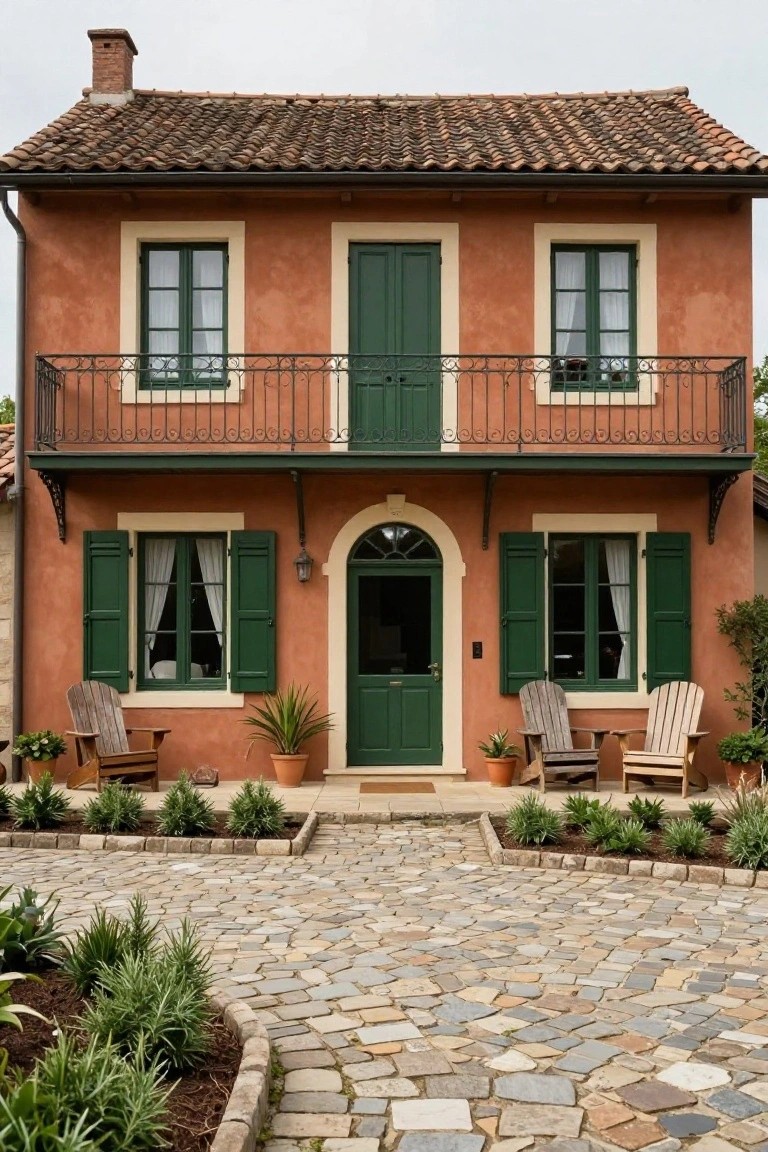 Two-story stucco house with terracotta walls, green shutters and doors, wrought-iron balcony, Adirondack chairs, potted plants, and cobblestone path in front.