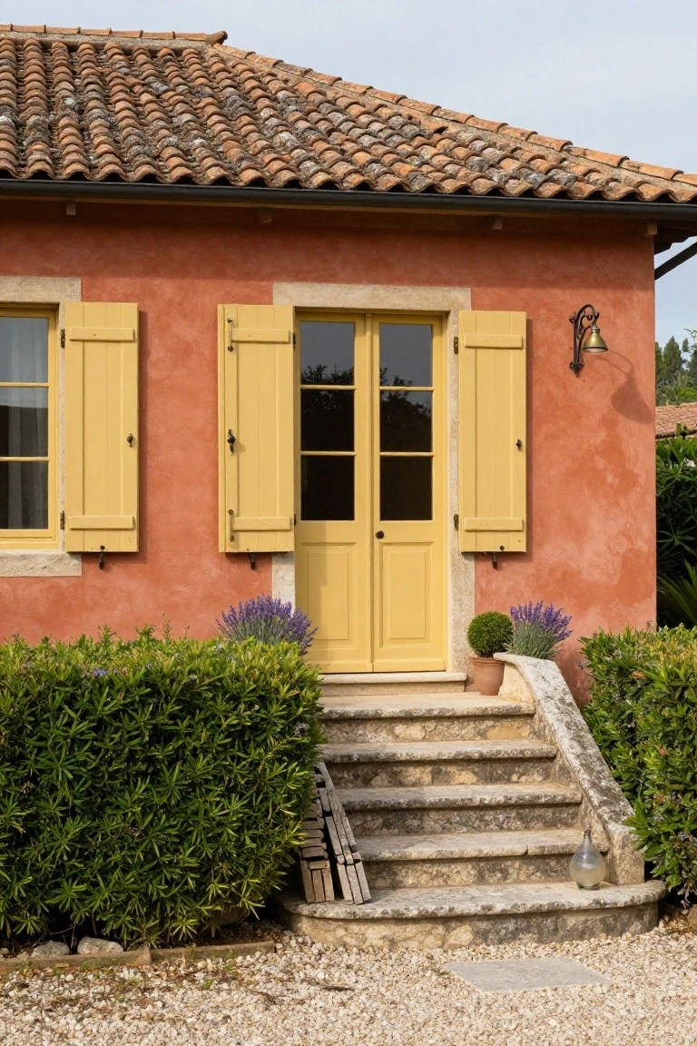Terracotta house exterior with yellow shutters on windows, yellow double doors, lavender plants in pots, boxwood shrubs, stone steps, and a gravel driveway.