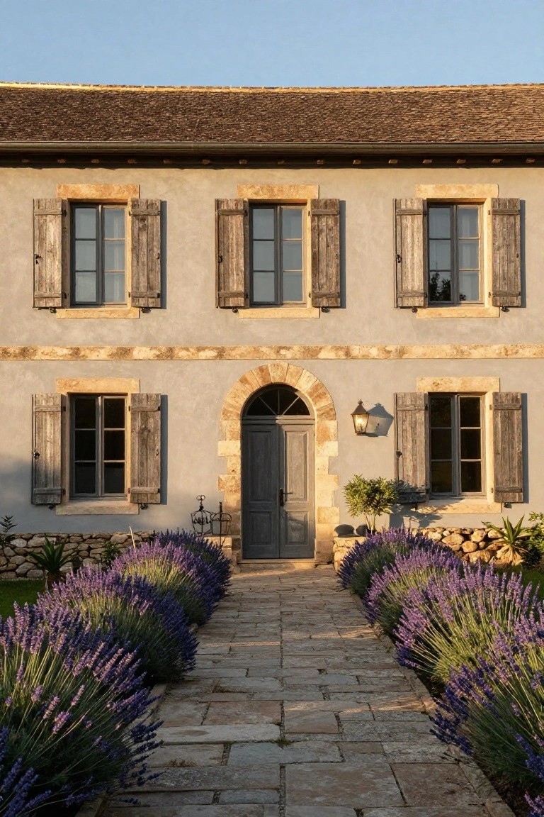 Front facade of a two-story beige stucco house with dark wooden shutters, arched stone entryway with dark wood door, stone path lined by purple lavender bushes, and stone retaining walls.