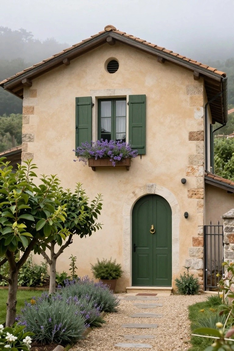 Small beige stucco house with green shutters on a window box filled with purple flowers, green arched front door, terracotta roof, lavender plants and stone path in front, misty green hills in background.