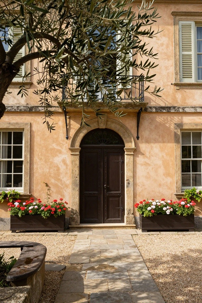 Ochre stucco house facade with arched dark wood double door, flanked by multi-pane windows with shutters, red geraniums in wooden window boxes, olive tree overhead, stone bench, and gravel path with stone walkway.