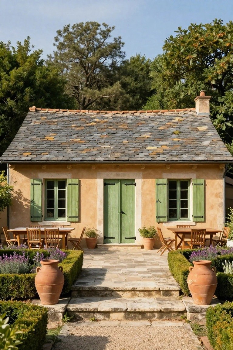 Small ochre stucco house with sage green shutters, double doors, and slate roof, centered on stone steps flanked by boxwood hedges and large terracotta pots with lavender plants.