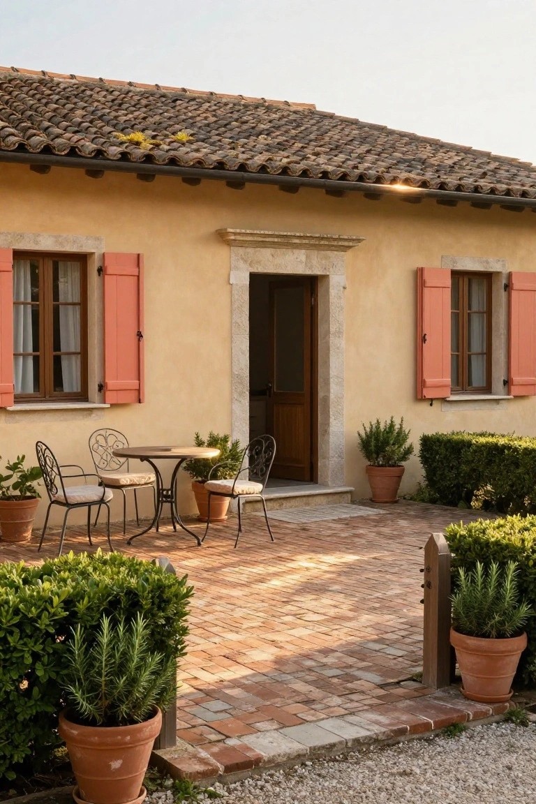 Ochre stucco house exterior with terracotta tile roof, orange shutters on windows, wooden entry door in stone archway, small metal bistro table and chairs on brick patio surrounded by potted rosemary and boxwood shrubs.