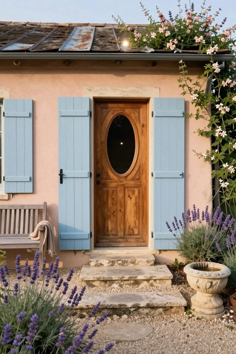 Pink stucco house exterior with blue wooden shutters flanking an oval-windowed wooden door, stone steps, lavender plants, a bench, and climbing flowers under a partly cloudy sky.