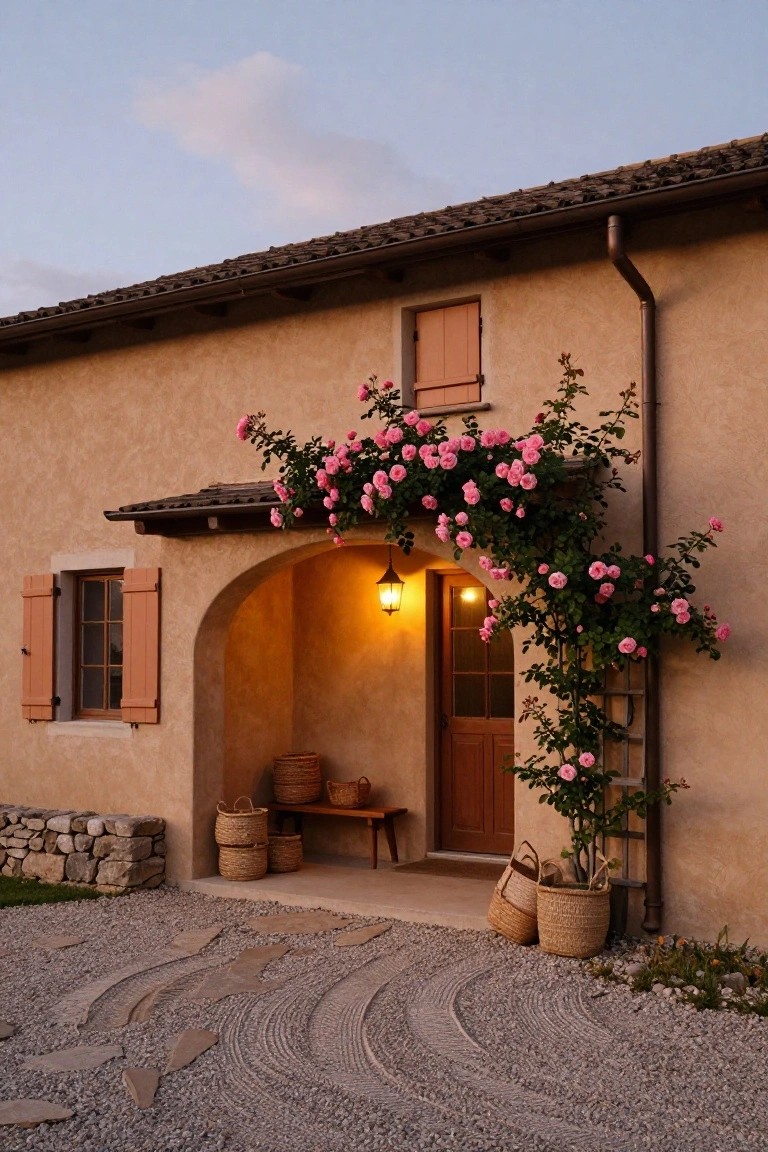 Beige stucco house exterior featuring an arched entryway covered in pink climbing roses, wooden door with lantern, orange shutters, woven baskets on a bench, gravel driveway with stone path, and low stone wall.
