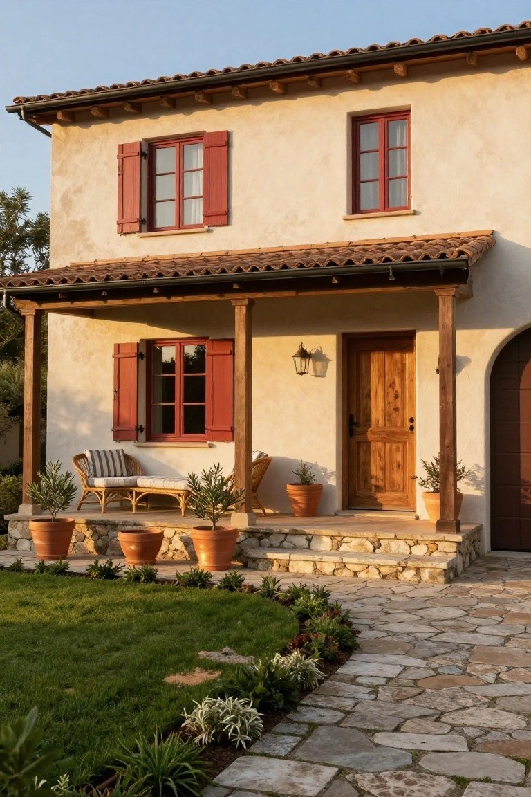 Beige stucco house exterior featuring red shutters on windows, wooden front door under a covered porch supported by columns, potted olive trees, and a stone pathway bordered by grass and plants.
