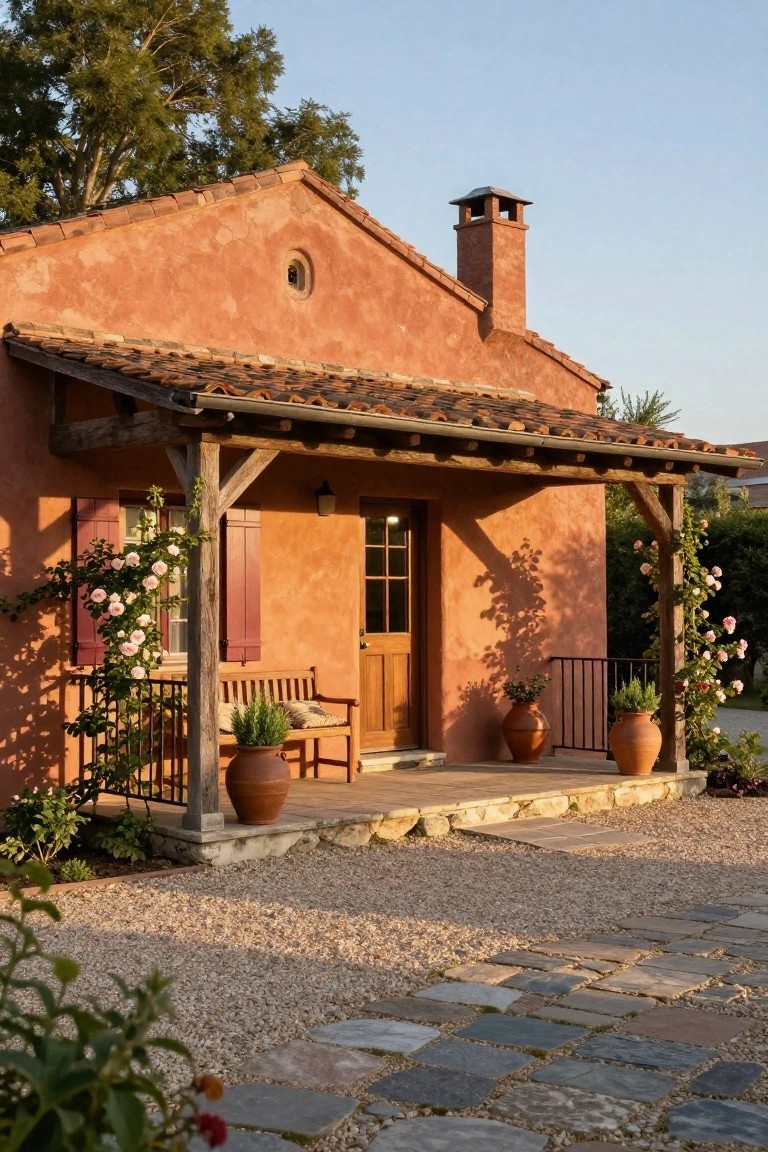 Terracotta stucco cottage with wooden porch supported by beams, bench, climbing roses on red shutters, potted plants, wooden door, and gravel path with stone steps.