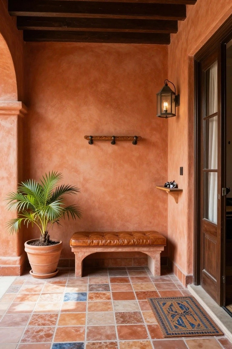 Hacienda-style covered porch alcove featuring orange stucco walls, exposed wood beams, tufted leather bench, potted palm plant, wall-mounted lantern, wooden coat rack, small shelf with jars, terracotta tile floor with patterned rug, and wooden door with glass panels.
