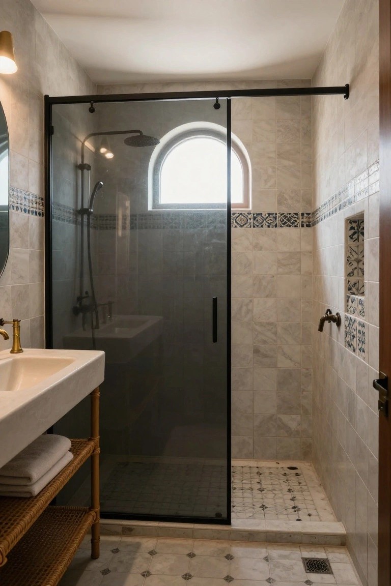 Compact bathroom with light beige and gray marble tiles on walls and floor, blue patterned tile accents in a wall niche and borders, black-framed glass shower enclosure, brass sink faucet, rattan shelf with towels, and arched window.