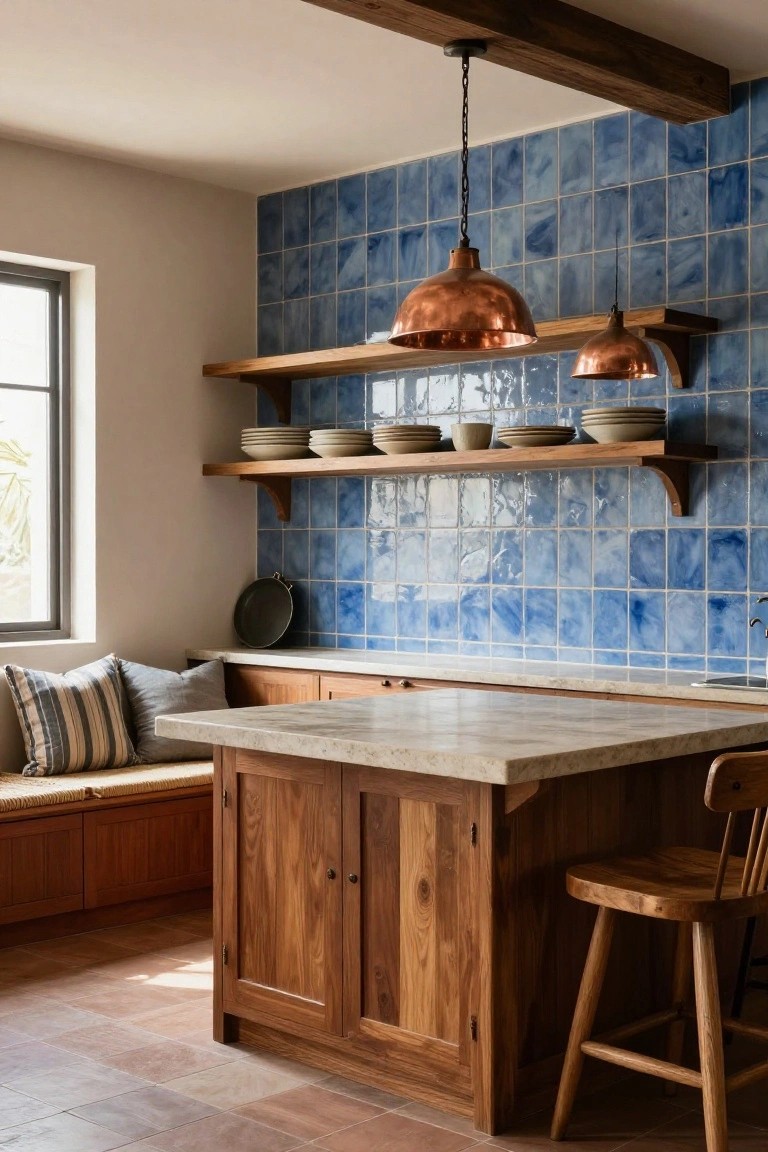 Kitchen with blue tiled backsplash, wooden open shelves holding plates and bowls, copper pendant lights, wood island bar with stool and built-in bench, terracotta floor tiles, and a window.