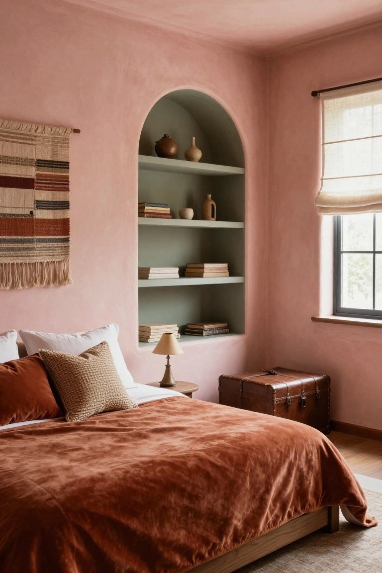 Bedroom with blush pink textured walls, sage green arched niche shelving holding books, vases, and pottery, rust velvet bed with white and knit pillows, small wood side table with lamp, leather trunk, and window with rolled linen shade.