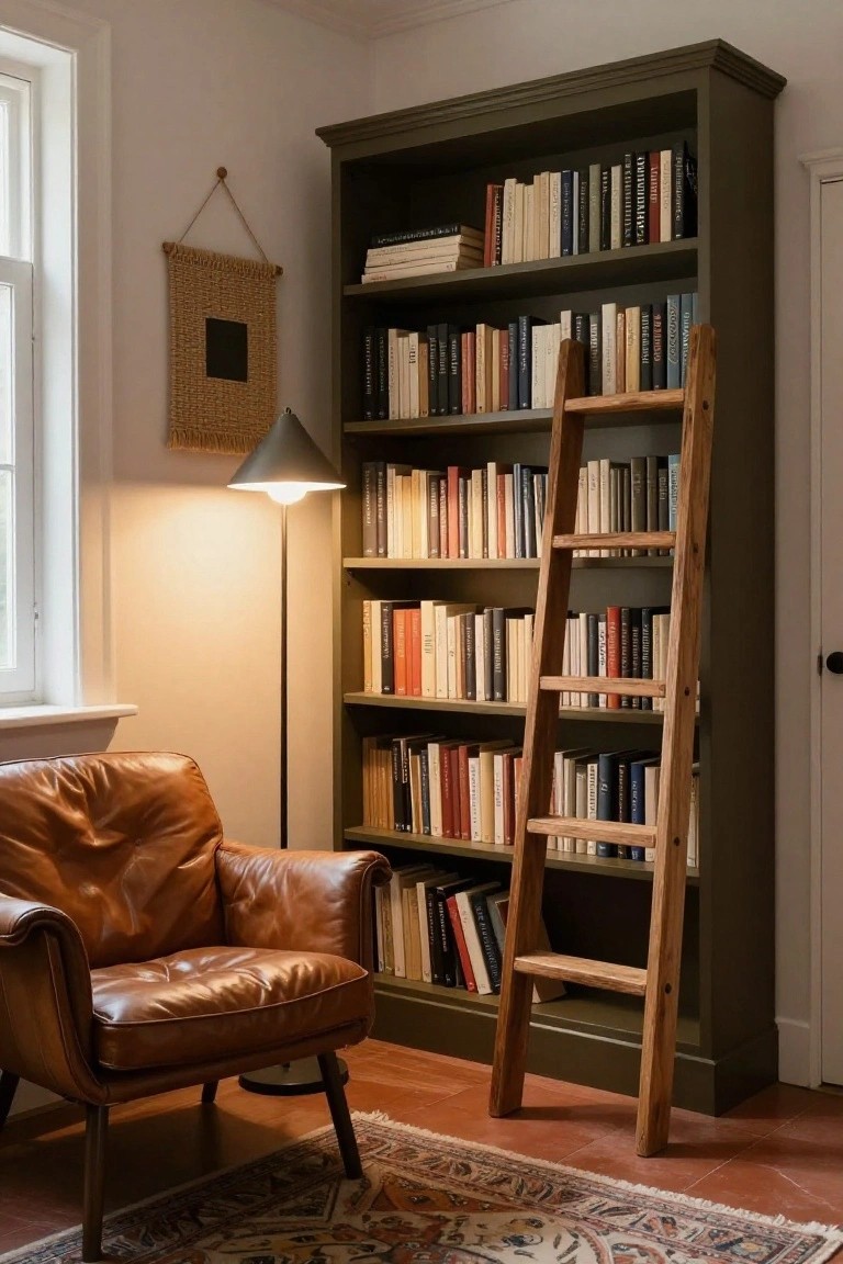 Tall dark green wooden bookshelves filled with books stand against a light wall in a room with a wooden library ladder, brown leather armchair, arched floor lamp, woven wall hanging, and terracotta tile floor with patterned rug.