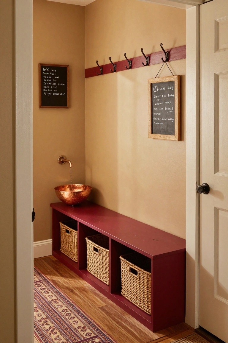 Cozy indoor mudroom with beige walls, a deep red wooden bench containing wicker baskets below, copper sink basin, row of coat hooks on red rail, and two hanging chalkboard signs next to an open white door.