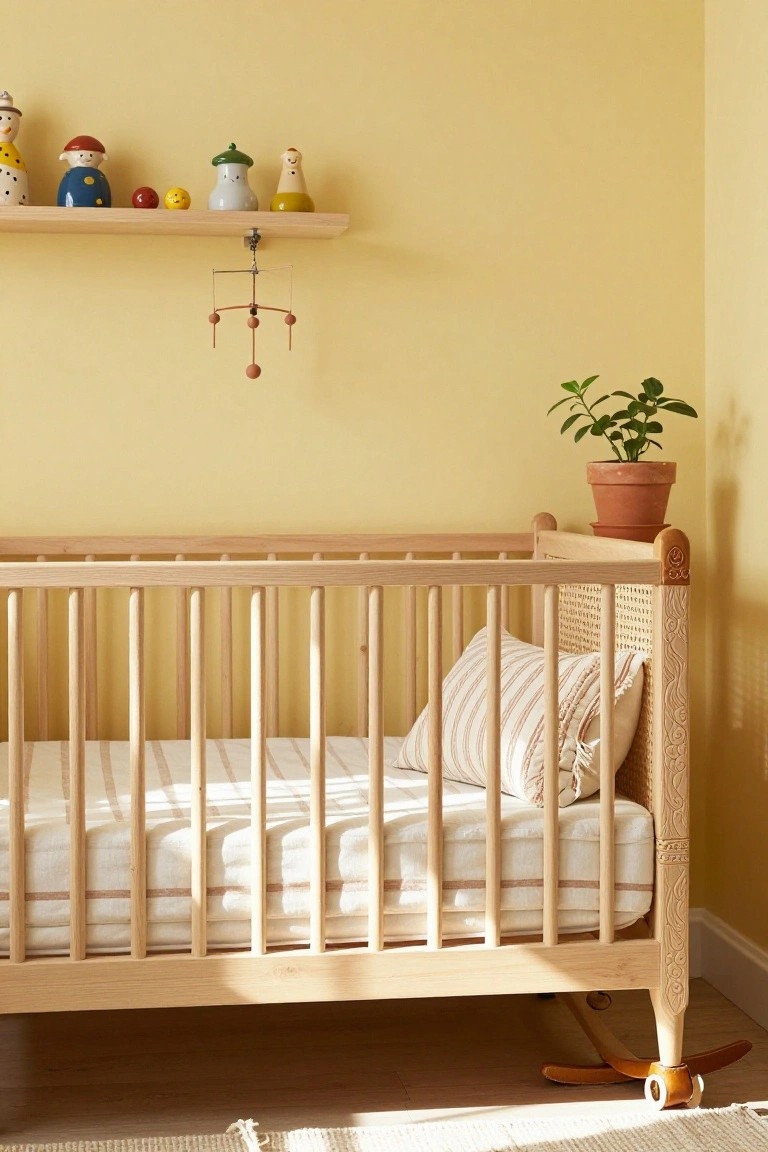 Nursery room with pale yellow walls, wooden crib with striped bedding, shelf of colorful wooden toys, hanging mobile, and potted plant in terracotta pot.