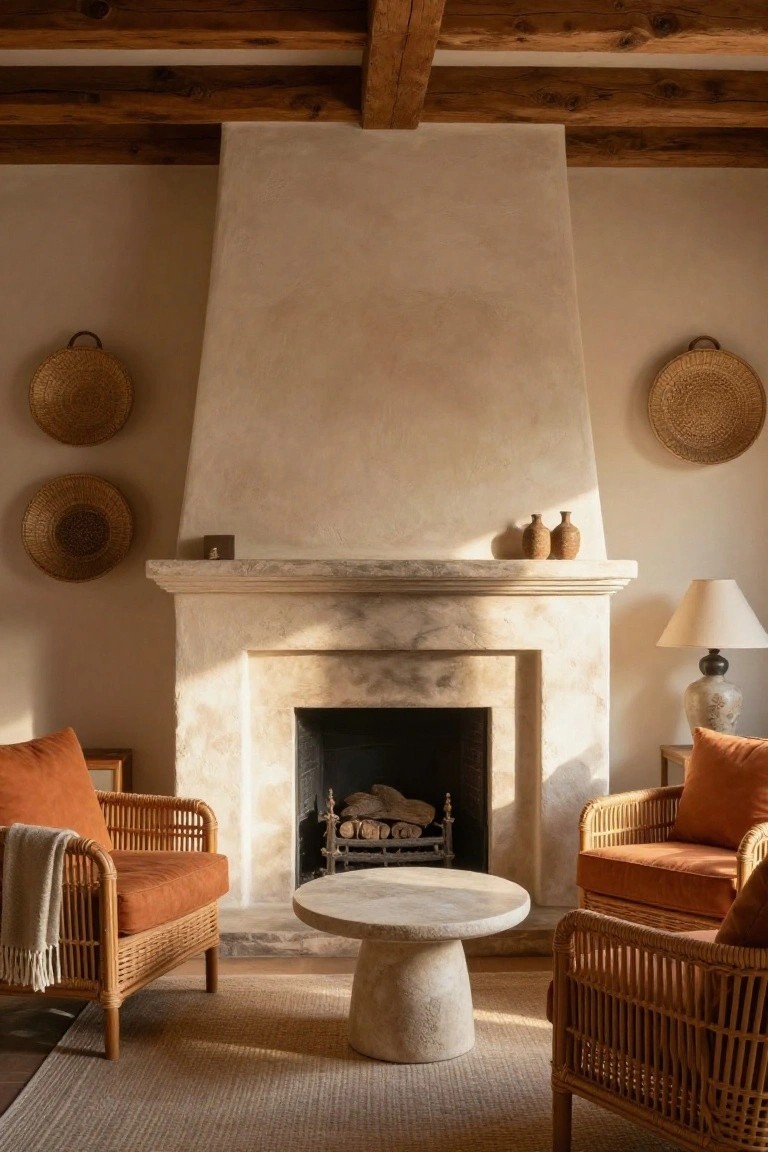 Hacienda-style living room interior with tall textured stone fireplace, two rattan armchairs with terracotta cushions and throws, round stone pedestal coffee table, woven basket wall decor, ceramic vases on mantel, and side tables with lamps.