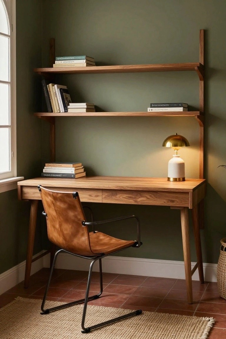Wooden desk with tan leather chair, oak wall shelves with books, gold lamp, and white vase against sage green walls in a corner room with arched window, seagrass rug, and terracotta tile floor.