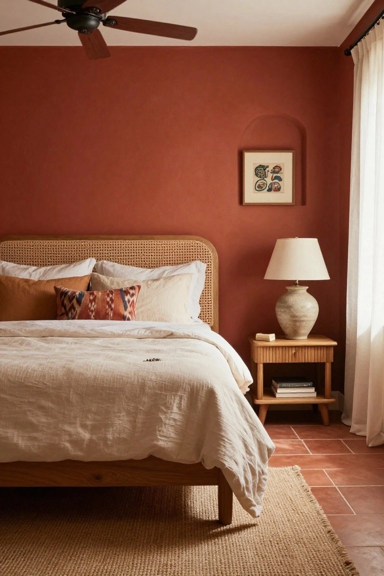 Bedroom with terracotta red walls, rattan headboard bed draped in white linens, wooden nightstand with ceramic lamp and books, ceiling fan, and window with sheer curtains over terracotta tile floor.
