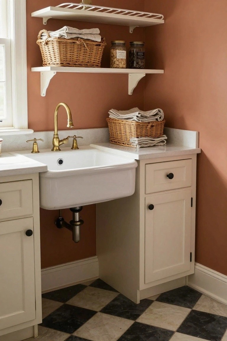 Corner sink area with white farmhouse sink, gold faucet, white cabinets, wicker baskets on white shelves holding linens and jars, terracotta walls, and black-and-white checkered tile floor.