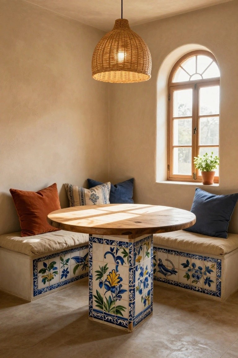 Sunlit indoor corner with round wooden table on blue-and-white floral tiled pedestal, built-in benches with matching tiles on bases, assorted cushions, arched window with potted plant, and woven pendant light.