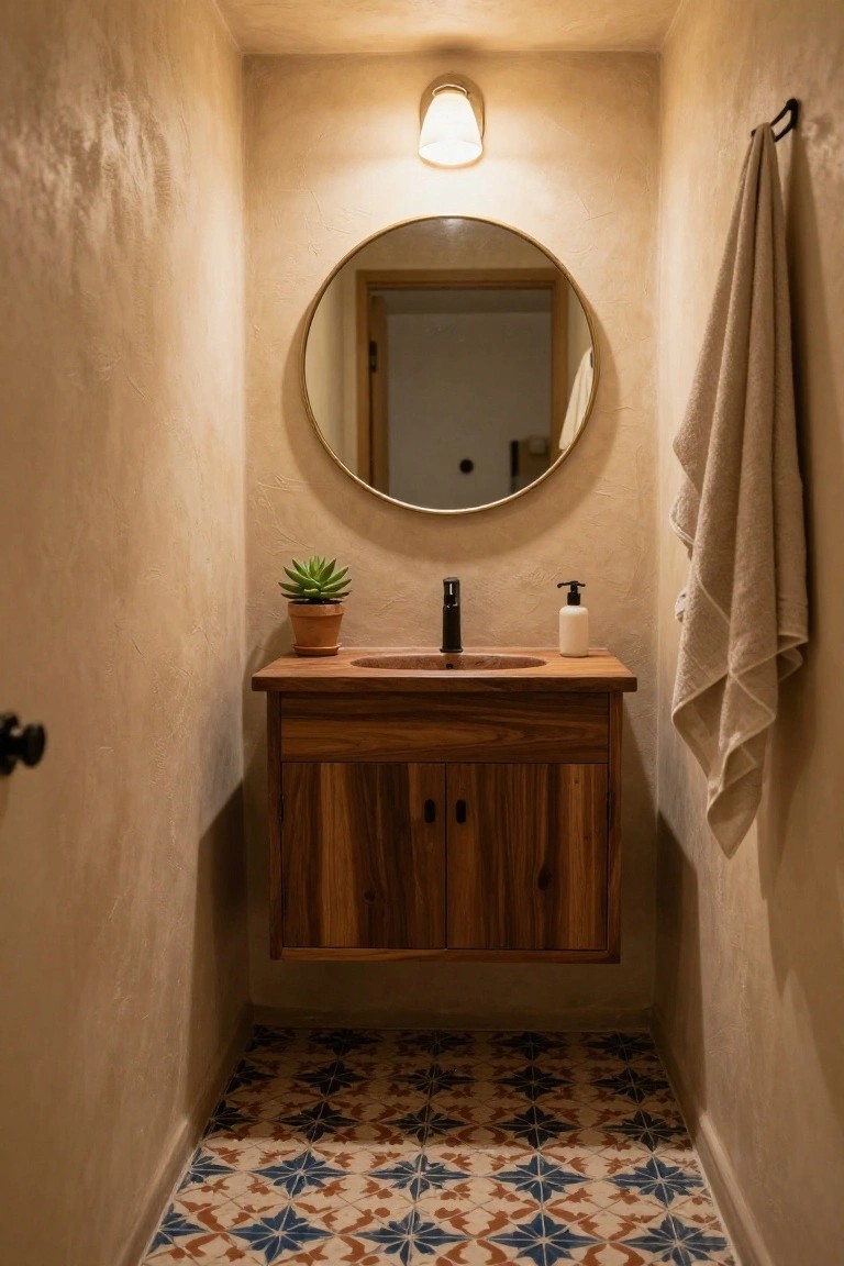 Small bathroom with textured beige walls, round gold-framed mirror, floating wooden vanity with black faucet and soap dispenser, potted succulent, hanging beige towel, and blue and orange star-patterned tile floor.