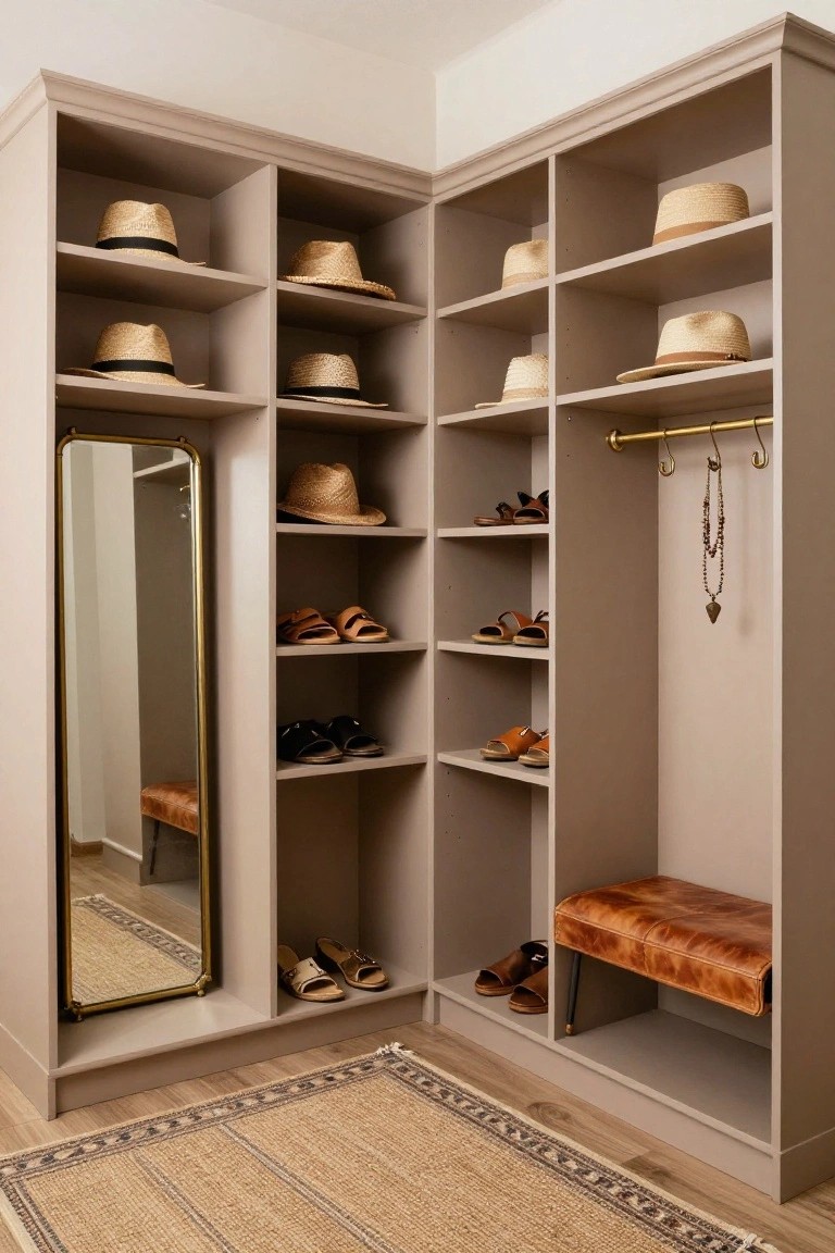 Corner walk-in closet with light greige built-in cabinets, open shelves holding straw hats and shoes, a gold-framed full-length mirror, hanging hooks with a necklace, and a brown leather bench on a seagrass rug.