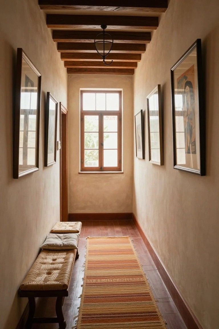 Narrow interior hallway with beige plaster walls, exposed dark wooden ceiling beams, a pendant light, framed artwork on walls, a double casement window, wooden door, bench with cushions, and striped runner rug on wood plank floors.