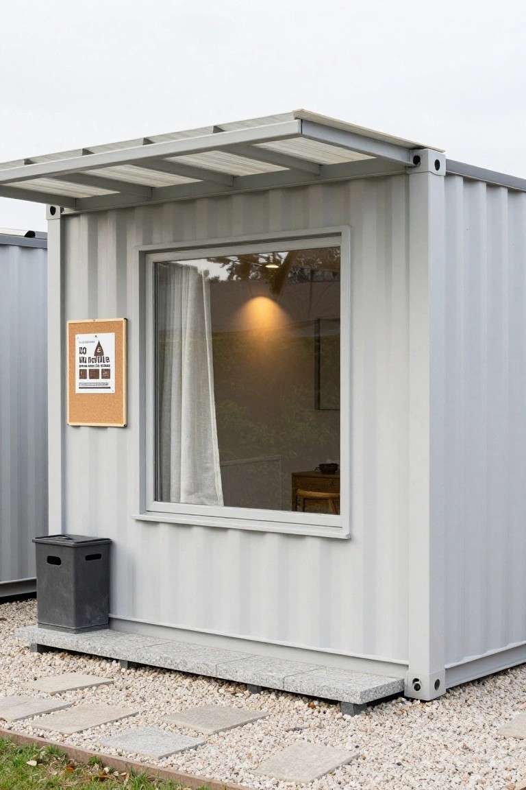 Gray shipping container home with sloped metal canopy overhang, large window featuring beige curtain inside, cork bulletin board on side, black trash bin, and gravel area with stone path leading up.