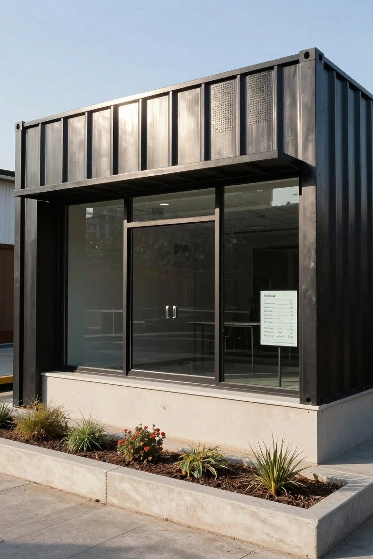 Black shipping container structure with large glass storefront windows and double doors, raised concrete planter filled with grasses and flowers in front, on a paved area.