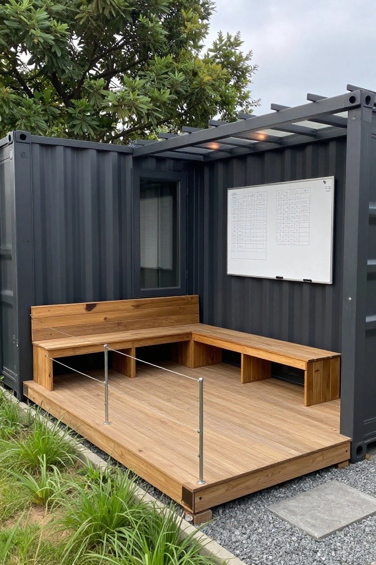 Gray shipping container home with attached wooden deck, L-shaped benches with under-seat storage, metal pergola roof, exterior window and whiteboard, surrounded by plants and gravel ground cover.