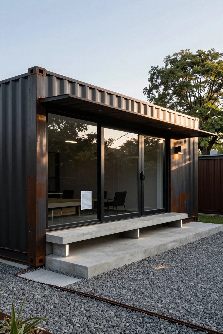 Black shipping container home exterior with large black-framed sliding glass doors under a metal overhang, concrete steps leading up to the entry, gravel ground cover, and trees in the background.