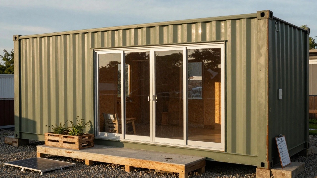 Green shipping container structure with open door revealing wooden interior counter, slanted awning above entry, wooden pallet platform steps, menu sign on side, potted plants, and solar panel on gravel yard with trees and garden bed nearby.