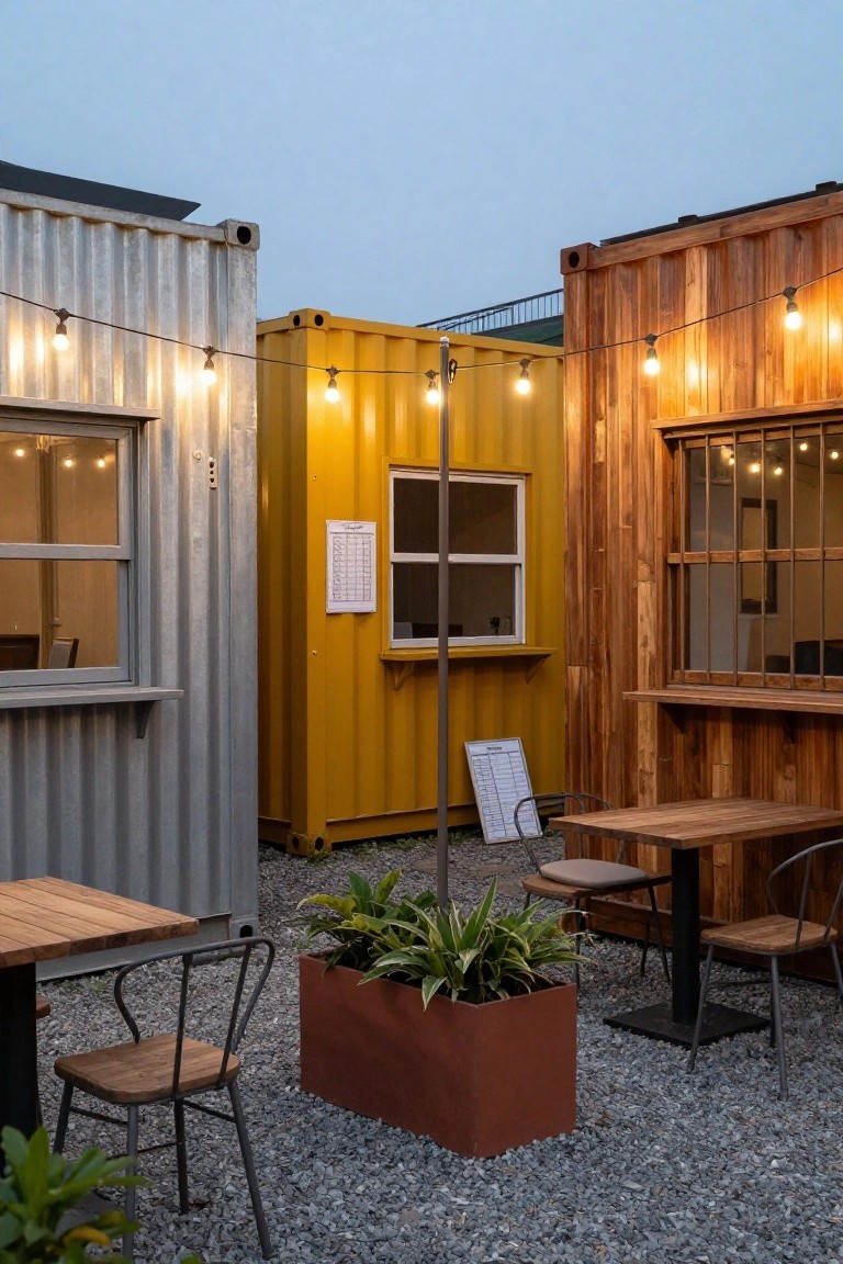 Outdoor seating area with colorful shipping container cafe and string lights.