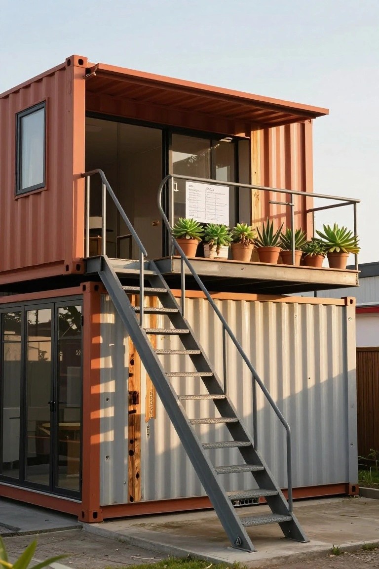 Two-story shipping container home featuring a red-orange upper container stacked on a silver lower one, with external gray metal staircase, balcony railing, and potted plants on the upper balcony.