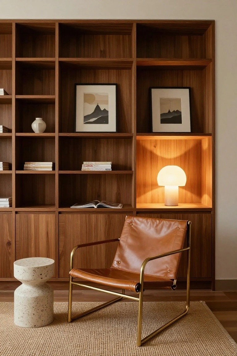 Tall walnut wood bookshelves with books, stacked magazines, art frames of abstract mountains, a white ceramic vase, and a lit white mushroom-shaped lamp in a niche, next to a tan leather sling chair on gold metal legs, a pebble-textured concrete stool, and a beige seagrass rug on a wood floor.