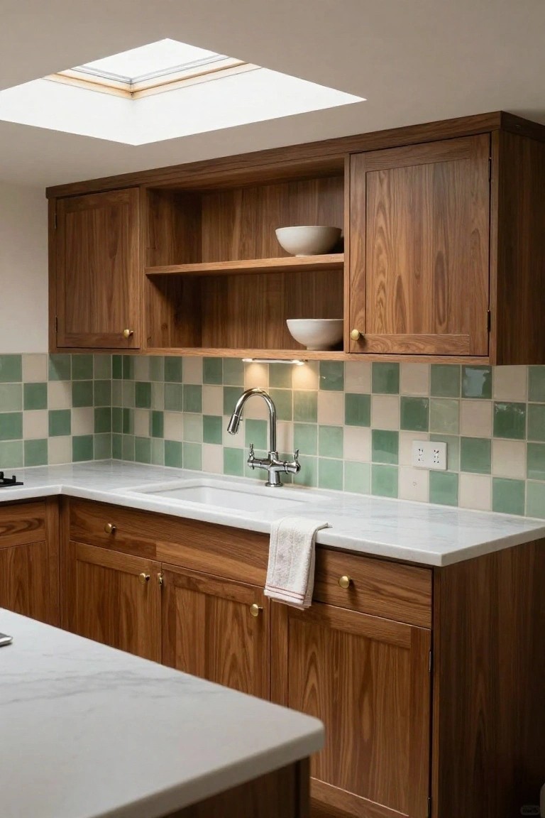 Kitchen with walnut wood cabinets, white marble countertops, stainless steel sink and faucet, green and white checkered tile backsplash, and skylight overhead.