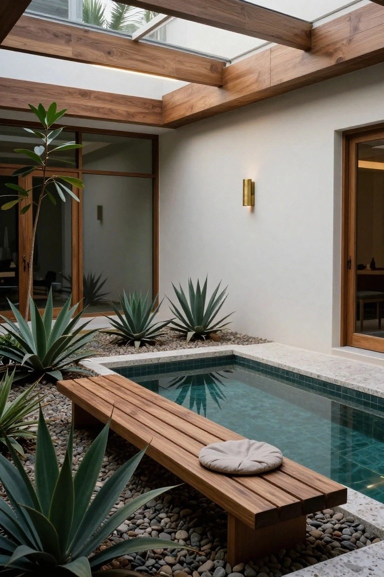 A narrow turquoise-tiled plunge pool in an open courtyard surrounded by agave plants and pebbles, with a long wooden bench positioned alongside the pool edge under wooden ceiling beams and a glass skylight.