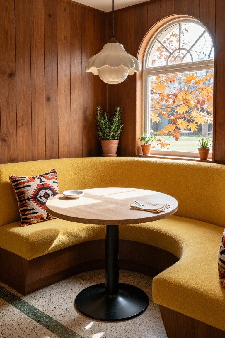 Curved yellow upholstered booth seating around a small round light wood table with a dish and napkin in a wood-paneled room with potted plants near an arched window overlooking autumn trees.