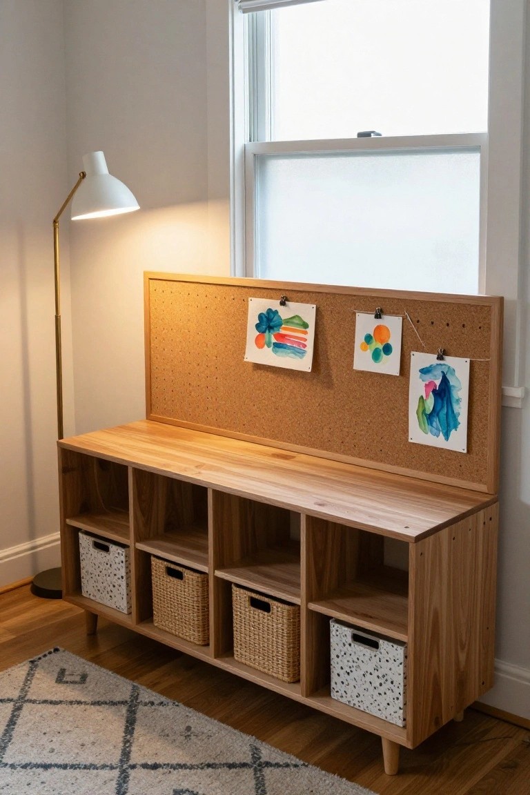 Wooden desk unit with corkboard backing displaying three children's watercolor paintings pinned and clipped, cubby shelves holding woven and dotted fabric baskets, mid-century arched lamp nearby, in a light room with window and rug.