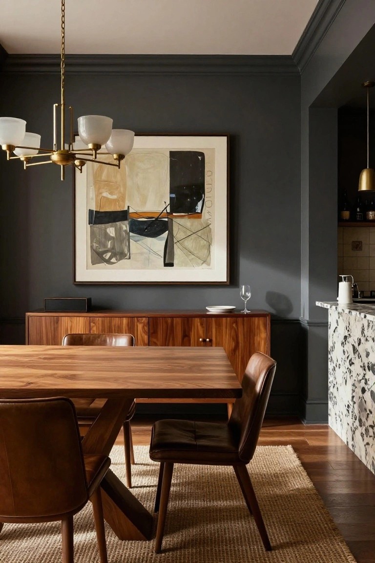 Dining room with rectangular walnut table and brown leather chairs, wooden credenza with speakers, brass chandelier with white globes, large abstract painting on dark gray wall, and glimpse of kitchen counter.