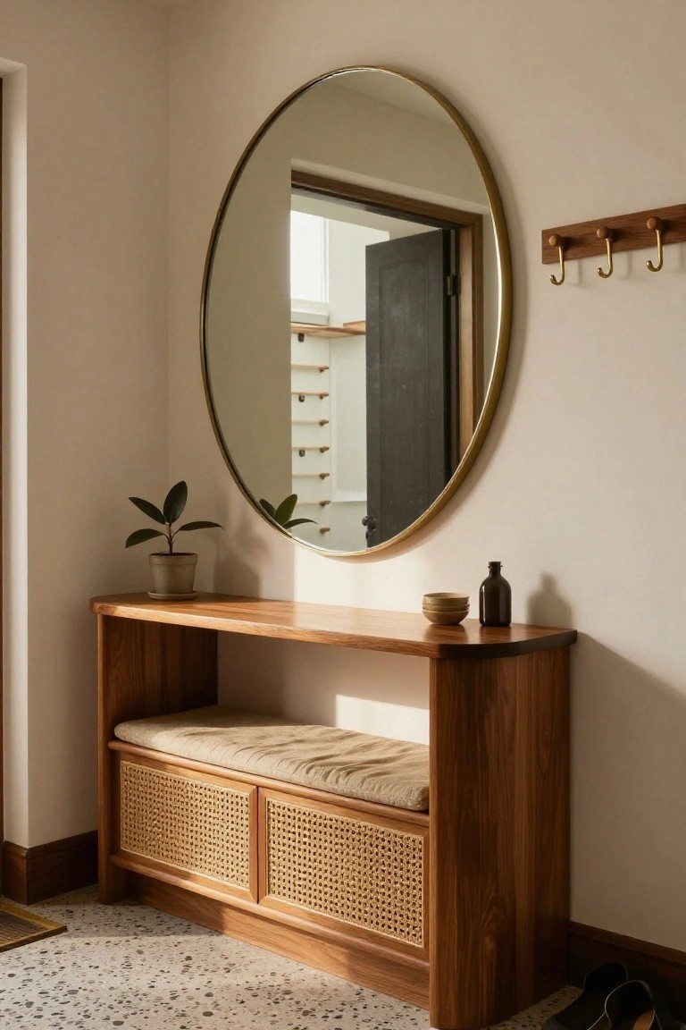 Wooden console bench with curved edges, beige cushion seat, double cane-woven storage doors, potted plant, ceramic bowls, and glass bottle on top, beside large round brass-framed mirror, wood coat hooks on wall, black shoes on speckled floor in beige entry space.