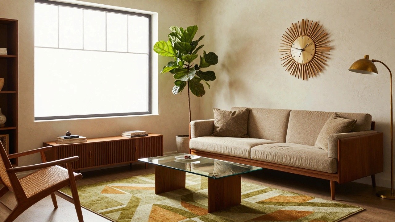 A sunlit living room with a tan suede sofa on wooden frame, low wooden coffee table with glass top, large potted fiddle leaf fig plant, brass arc lamp, rattan chair, colorful woven rug, and sunburst clock on white walls.