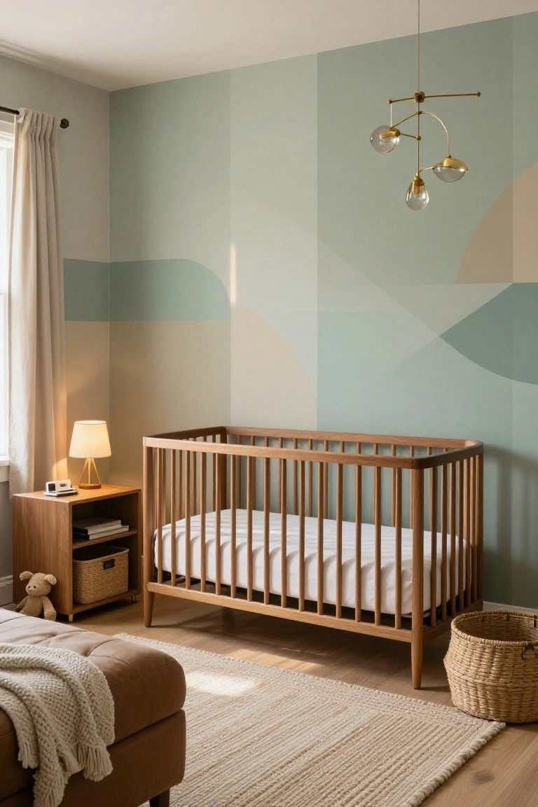 Nursery interior with wooden crib and changing table beside walls painted in abstract curved geometric shapes of green, beige, and cream, plus a gold pendant light, beige curtains, leather ottoman, and seagrass baskets on light wood floors.