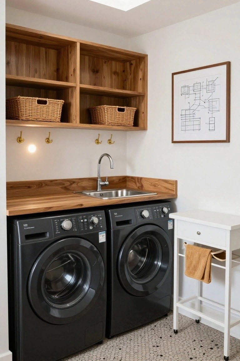 Laundry room with two black front-loading washers and dryers under light wood cabinets and open shelves holding wicker baskets, wood countertop with stainless sink, gold hooks, white side table with towel, and black-and-white checkered floor.